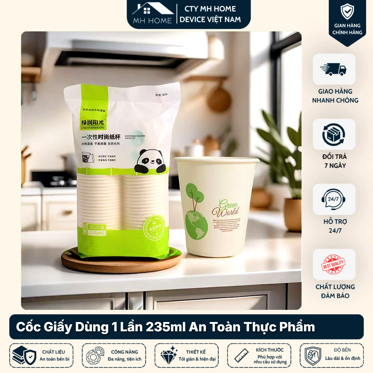 Cốc Giấy Dùng Một Lần 235ml Cao Cấp Dày Dặn An Toàn Thực Phẩm Uống Nóng Lạnh | MH Home